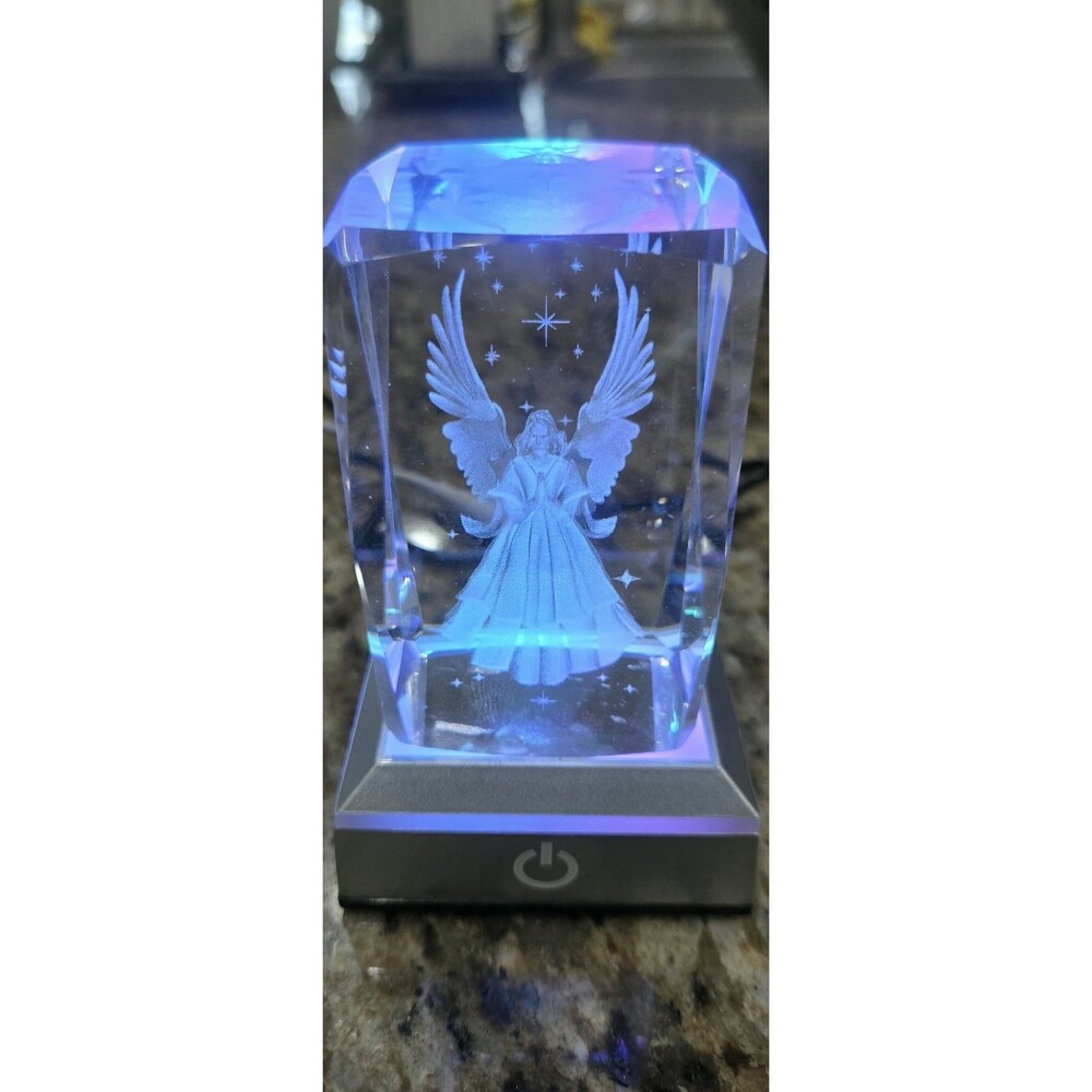 Guardian Angel Clear 3D Laser Etched Glass w/ Color Light Stand